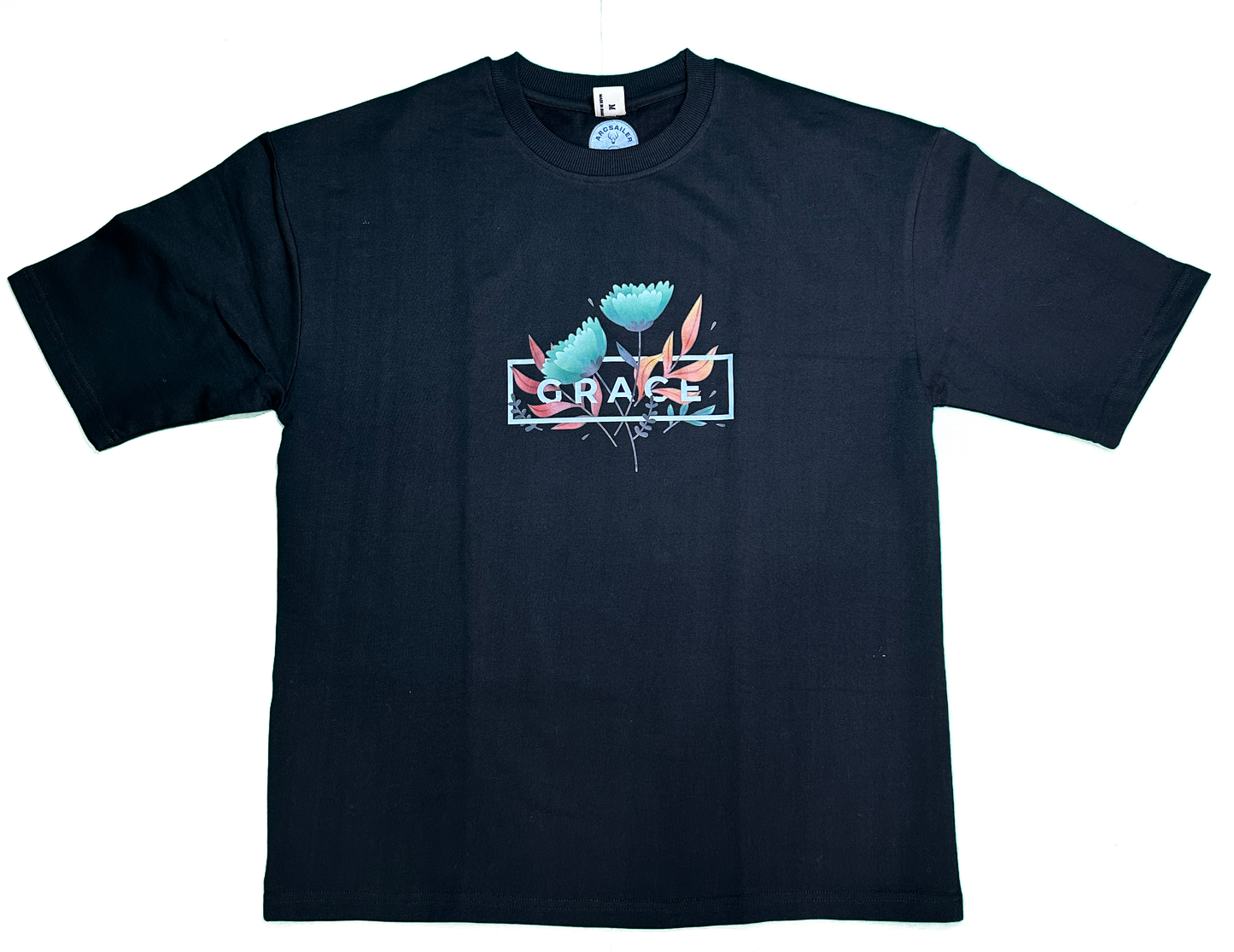 GRACE IN BLOOM – Oversized Black Graphic T-Shirt | Arcsailer